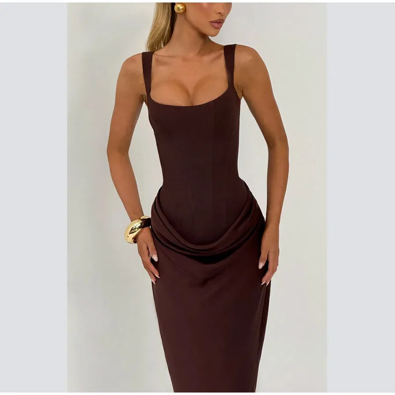 Women Brown Pleated Sling Maxi Dress Square Neck Sleeveless Off-shoulder Waist Cinching Slim Dresses Fashion Evening Party Gowns