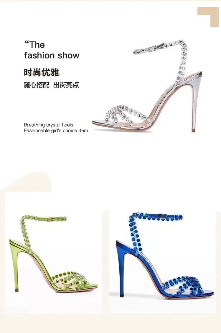 Pvc Transparent Rhinestone High Heels Ladies Sexy Ankle Strap Sandals Women Luxury Designer Wedding Party Dress Shoes Pumps