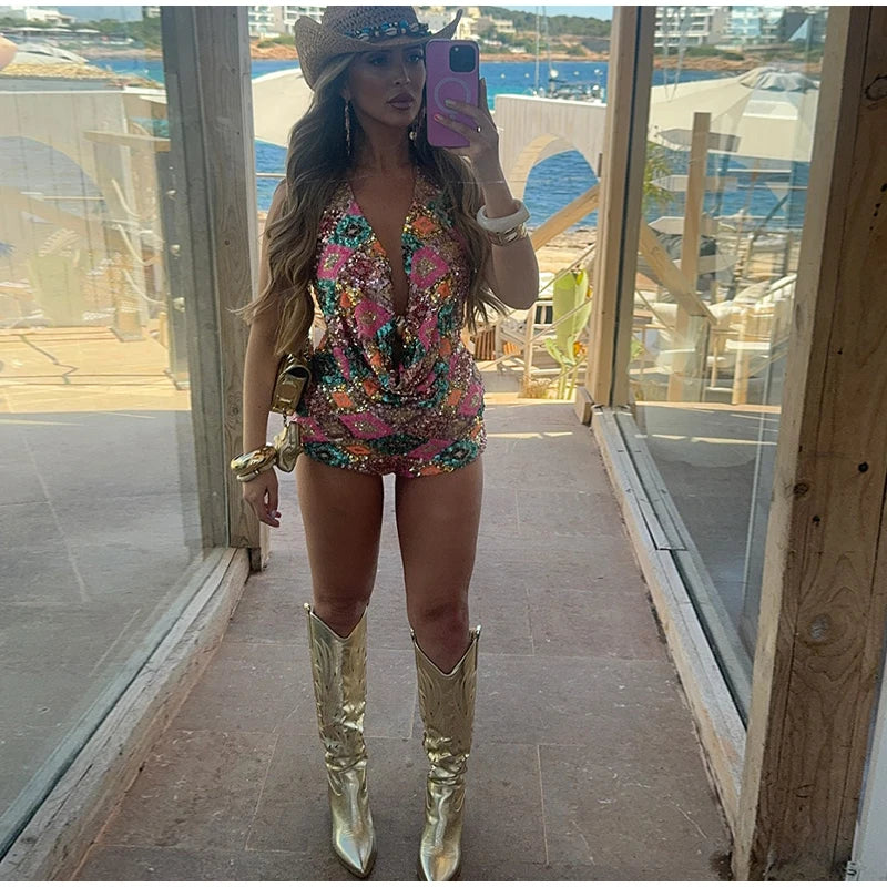 Colorful Sequin Halter Plunge-Neck Set Sleeveless Backless Vest Bodycon Mini Skirt 2025 Summer Party Chic Suit Sexy Lady Outfit