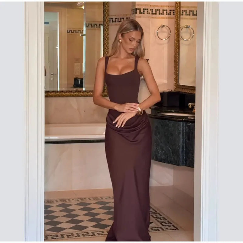 Women Brown Pleated Sling Maxi Dress Square Neck Sleeveless Off-shoulder Waist Cinching Slim Dresses Fashion Evening Party Gowns