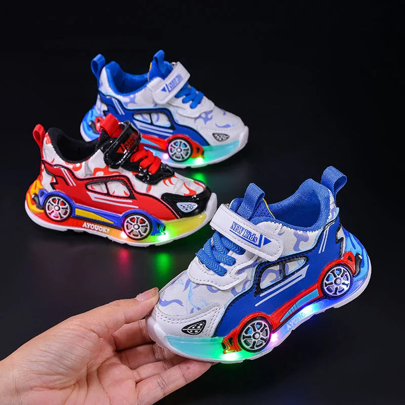 Spring Kids Shoes New Fashion Versatile Casual Shoe Anti Slip Cartoon Car Boy Shoe LED Lights Simple Trendy Sneakers Кроссовки