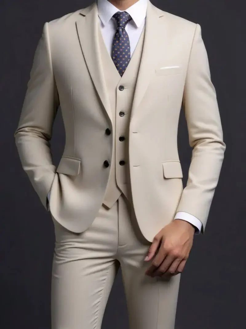 Suit (Blazer+ Vest + Trousers) Men's Fashionable Gentleman Business British Style Solid-color Banquet Host Casual Wedding Suit