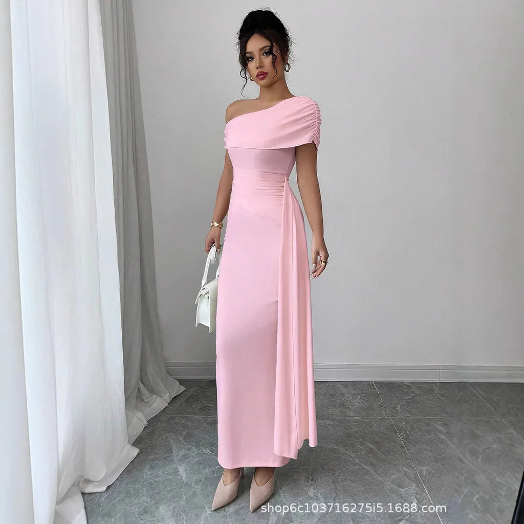 Sheath Dress Women Party Long Dresses Asymmetrical Diagonal Collar Slim Folds Maxi Gown Summer 2025 Female Sexy Vestidos