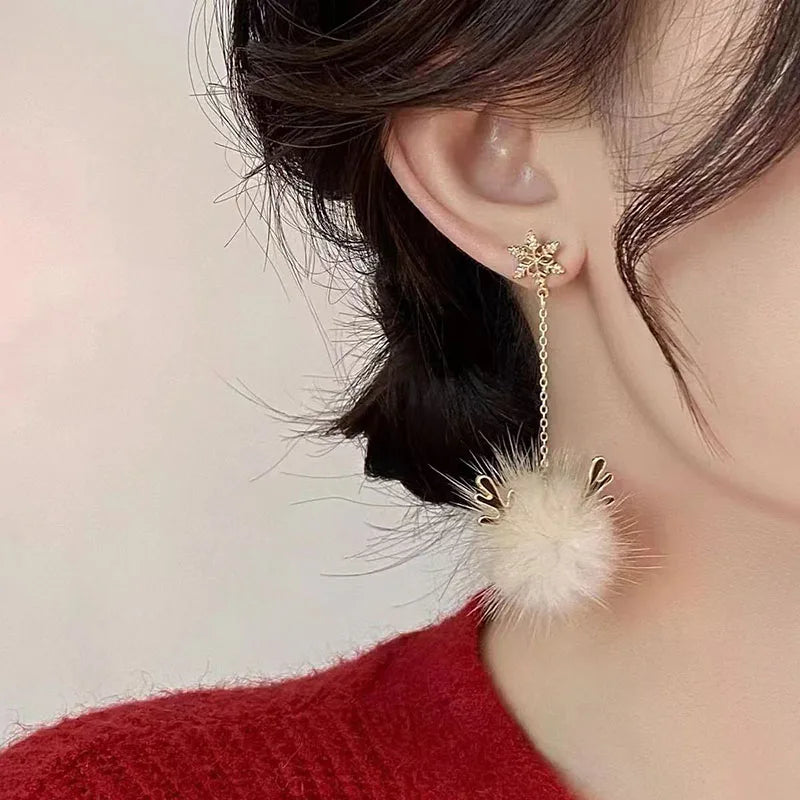 Cute Pompom Ball Bow Snowflake Elk Earrings Sweet Fashion Jewelry for Women and Girls New Year Gifts