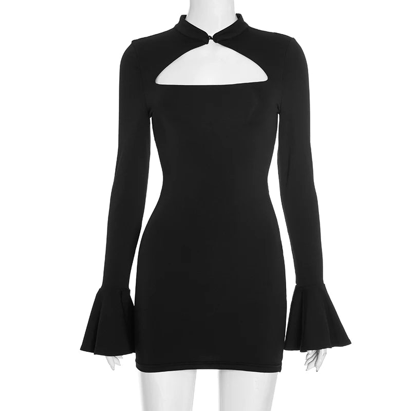 CUTENOVA Fall New Arrival Women Solid Color Bodycon Button Up Bell Sleeve Mini Lace-Up Strapless Sexy Bodycon Sexy Hottie Dress