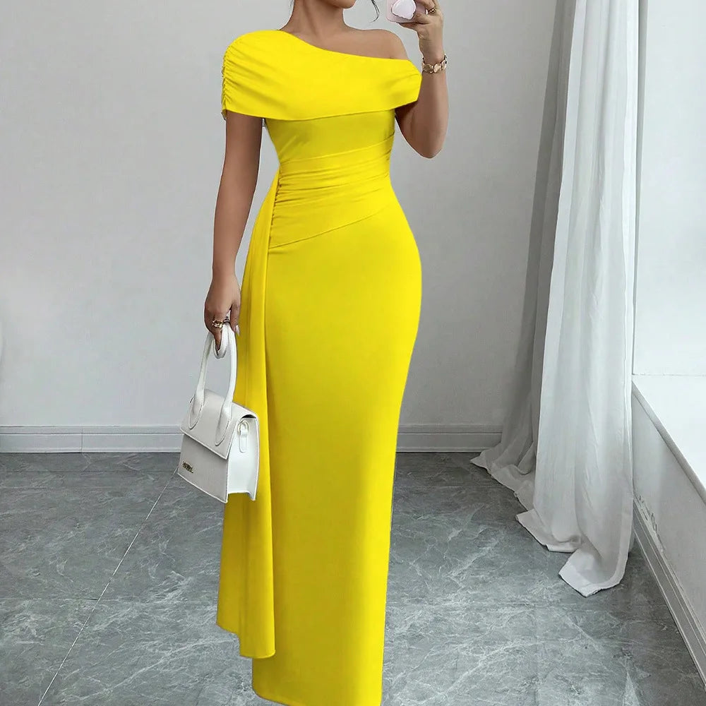 Sheath Dress Women Party Long Dresses Asymmetrical Diagonal Collar Slim Folds Maxi Gown Summer 2025 Female Sexy Vestidos