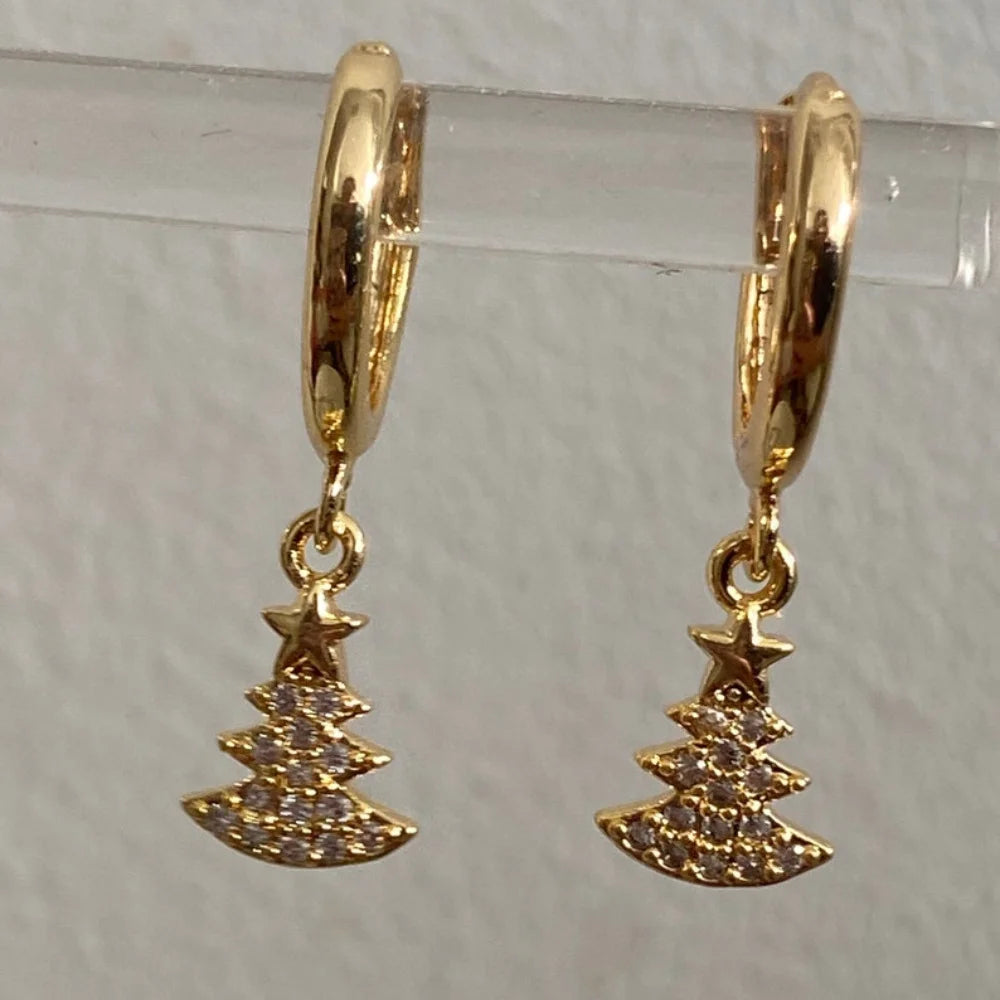 Stunning Handmade 18K Gold Plated Dangle earring Christmas Tree Star Cubic Zirconia Crystal Huggie Sleeper Hoop Earrings Gifts