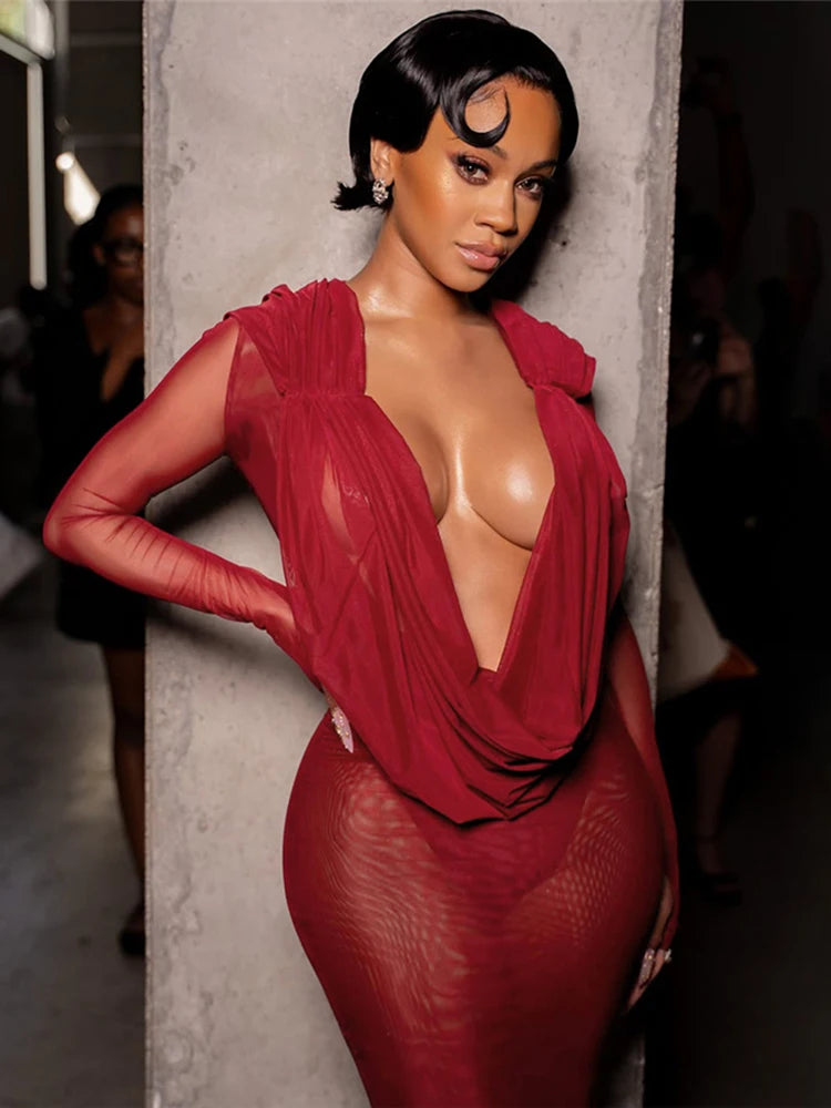 Nibber Sexy Swinging Collar Maxi Dress Women Patchwork See Through Full Sleeve Midnight Party Skinny Coquett Wild Vestidos