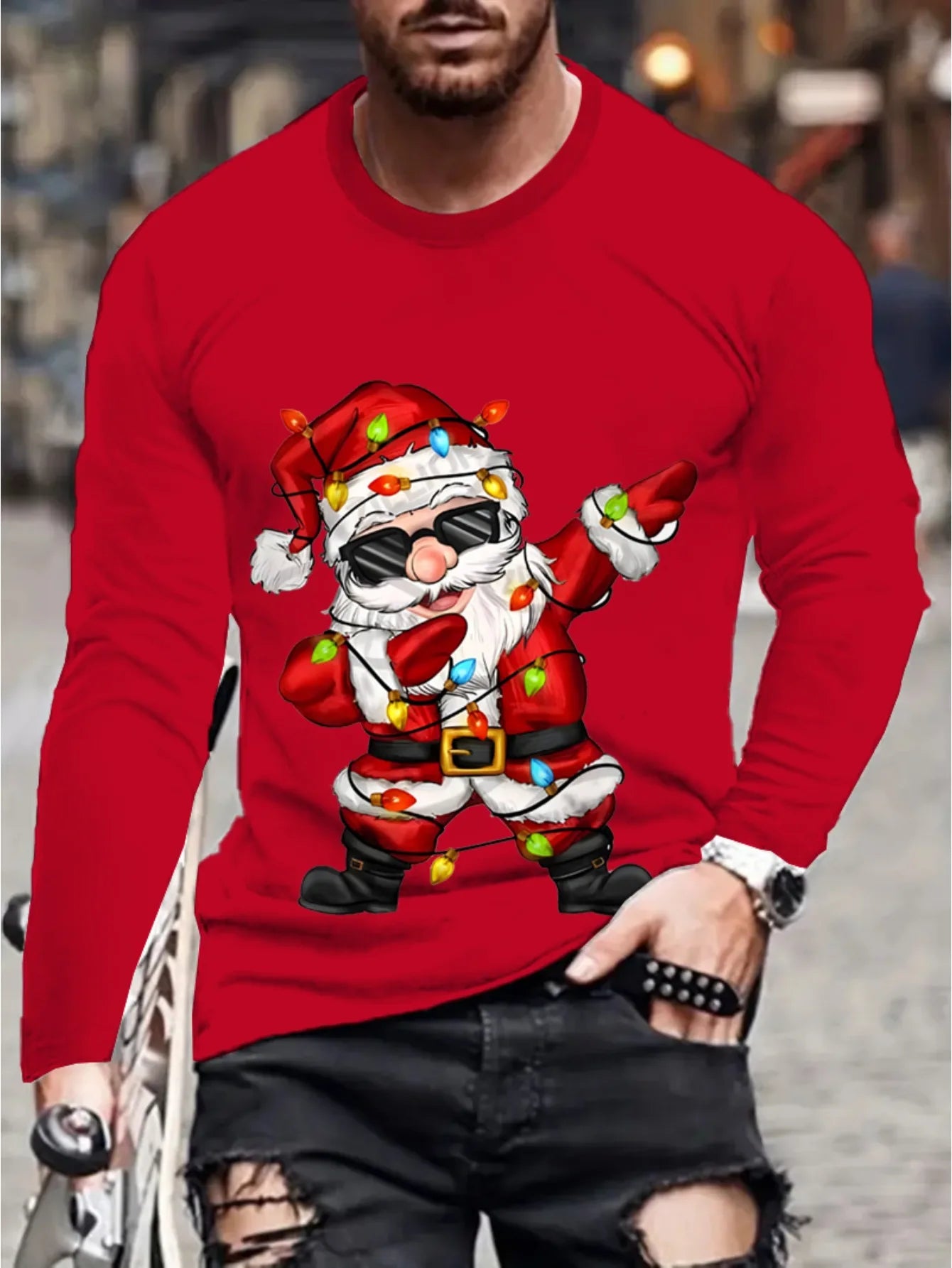 Men's Fun Christmas-style Long-sleeved T-shirt Santa Claus Printed Holiday Gift Couple's Shirt Casual Top  Men Clothing