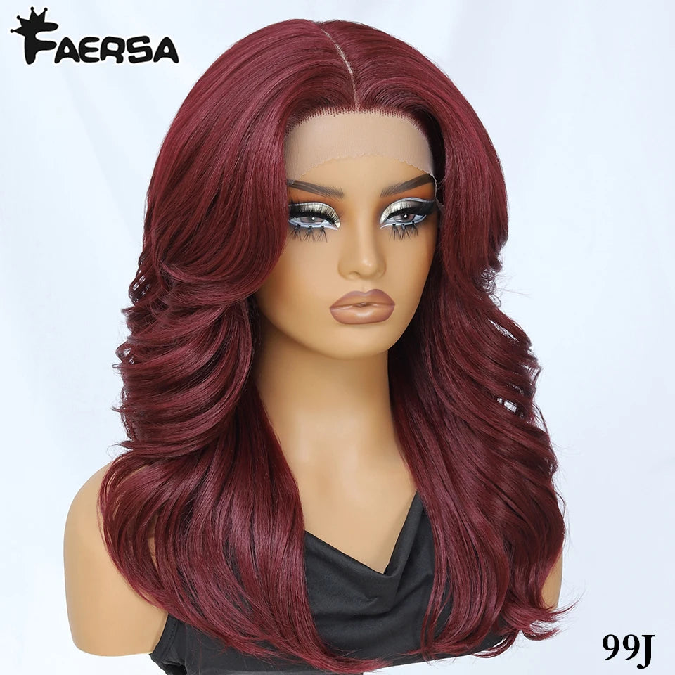 Layered Wigs 13x5x1T-Part Lace Wig With Bangs For Women 18 Inch Red Synthetic Lace Front Wig For Daily Use Ombre Brown Afro Wigs