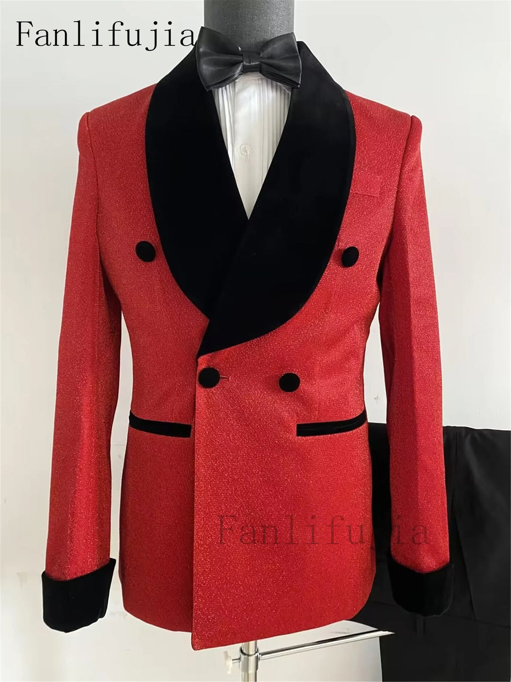 Fanlifujia Luxury Red Glitter Suits Men Groom Wedding Tuxedo Double Breasted Blazer Formal Evening Party