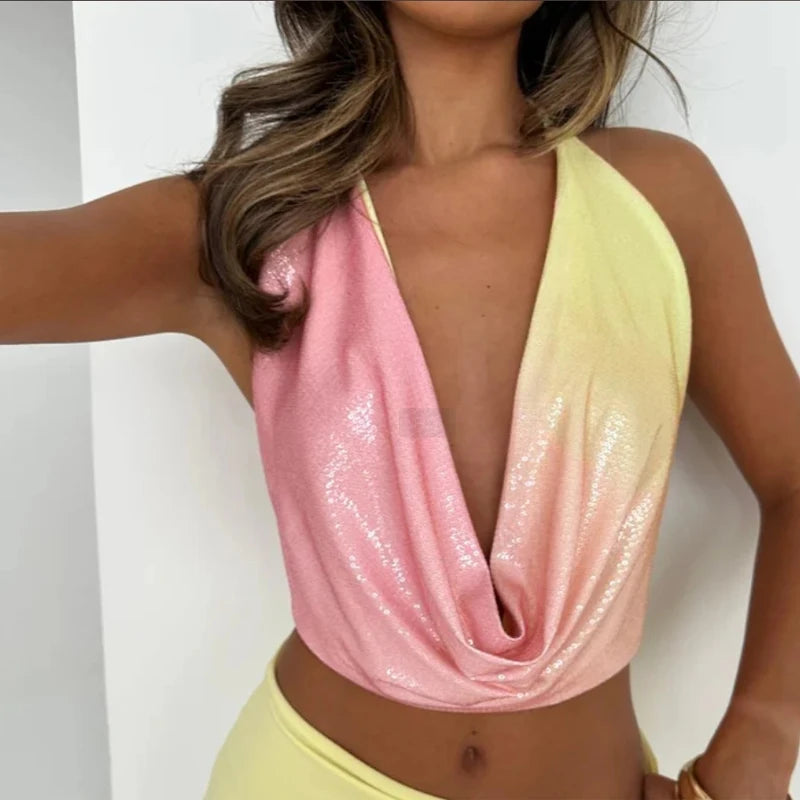 Colorful Sequin Halter Plunge-Neck Set Sleeveless Backless Vest Bodycon Mini Skirt 2025 Summer Party Chic Suit Sexy Lady Outfit