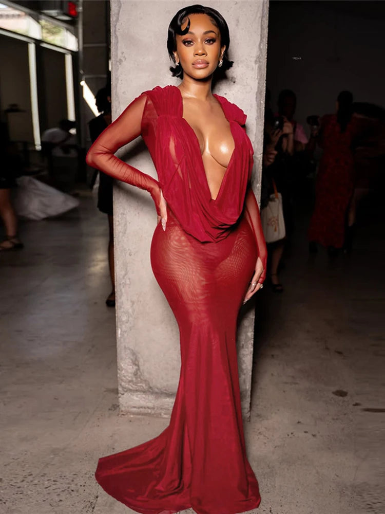 Nibber Sexy Swinging Collar Maxi Dress Women Patchwork See Through Full Sleeve Midnight Party Skinny Coquett Wild Vestidos