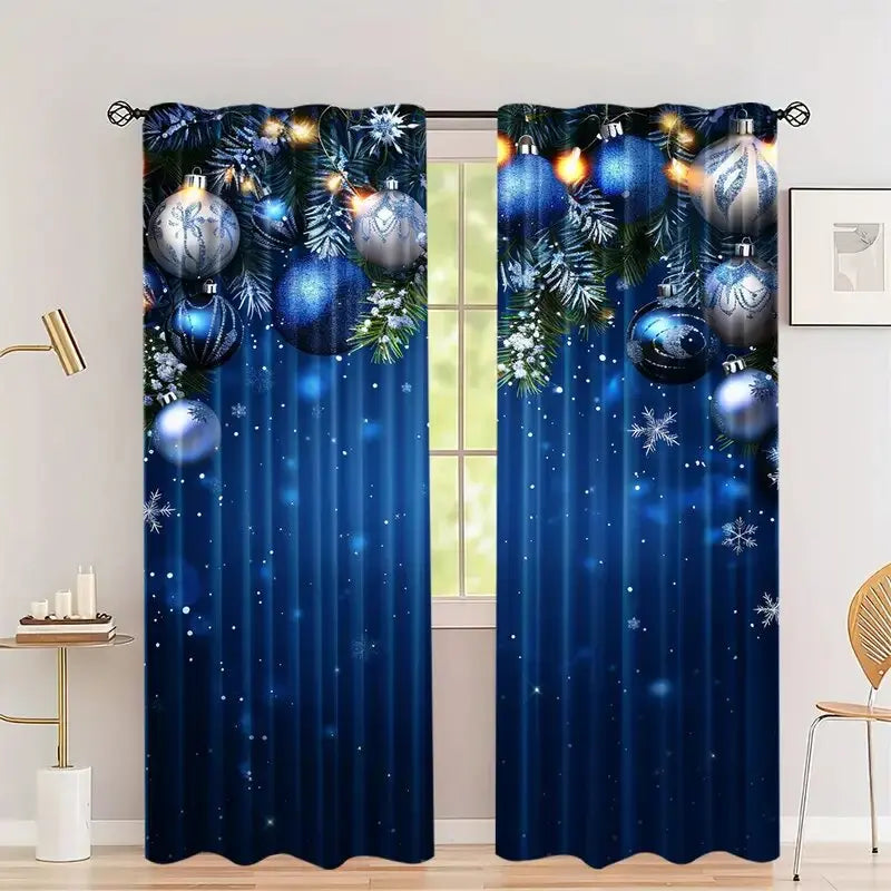 2pcs - Christmas curtains, blue Christmas balls, polyester printed curtains, home decoration, room decoration