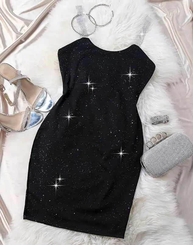 Sexy Elegant Evening Party Dresses New Fashion, Casual Female Clothing Outfits Rhinestone Strap Glitter Party Dress