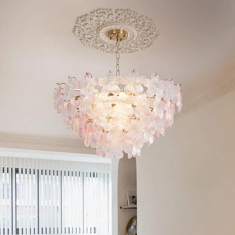 LED Glass Flower Pendant Light for Living Dining Room Bedroom Modern French Style Home Decoration Hanging Lamp E14