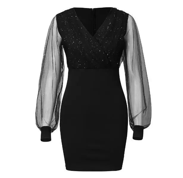 Sexy Sequin Mesh Dress V-Neck Bodycon Elegant Tight Fit Autumn Winter Fashion Women's Clothing Elegant Tight Fit Dress