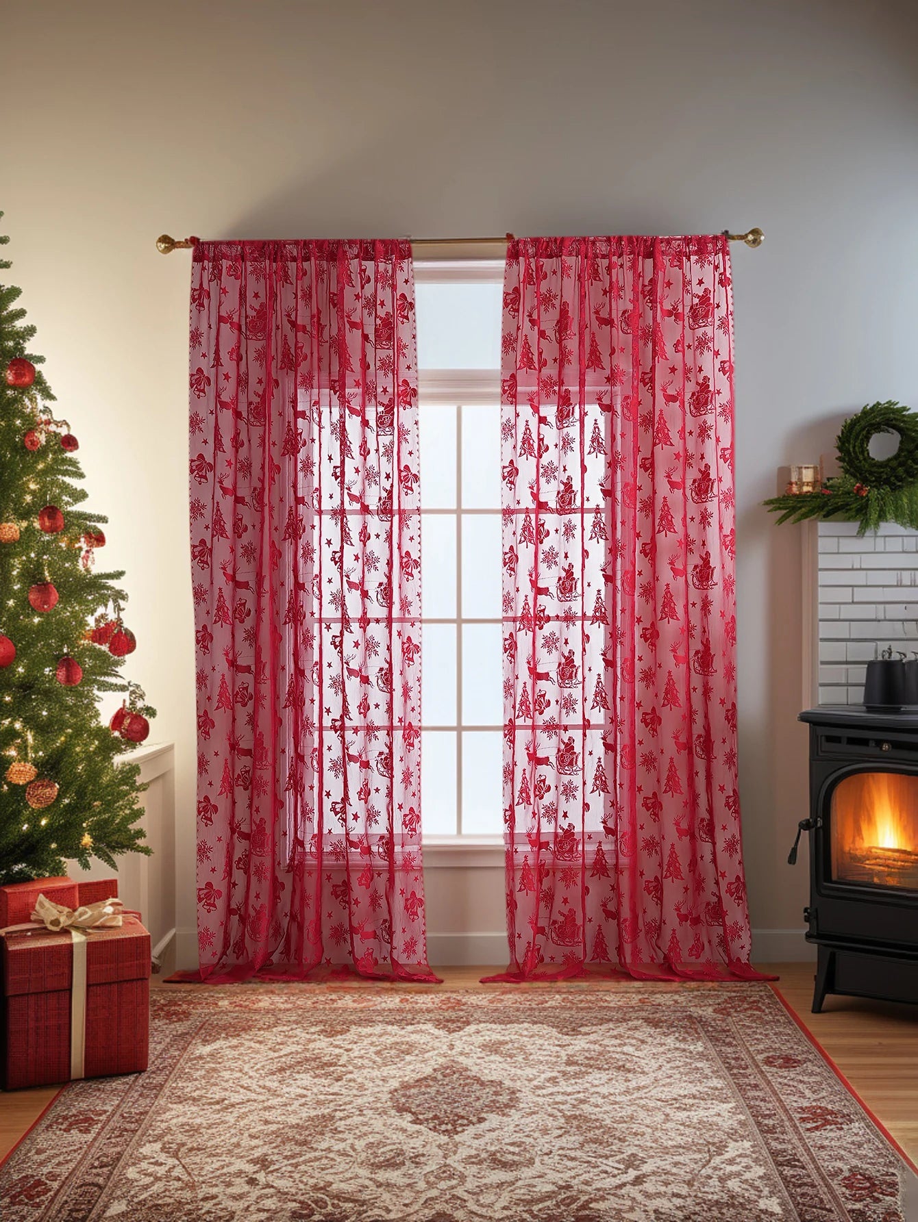 American Red Lace Sleigh Santa Christmas Curtains for Living Room Bedroom Window Festive Atmosphere Decorative