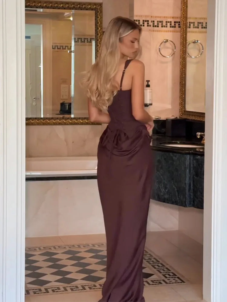 Women Brown Pleated Sling Maxi Dress Square Neck Sleeveless Off-shoulder Waist Cinching Slim Dresses Fashion Evening Party Gowns