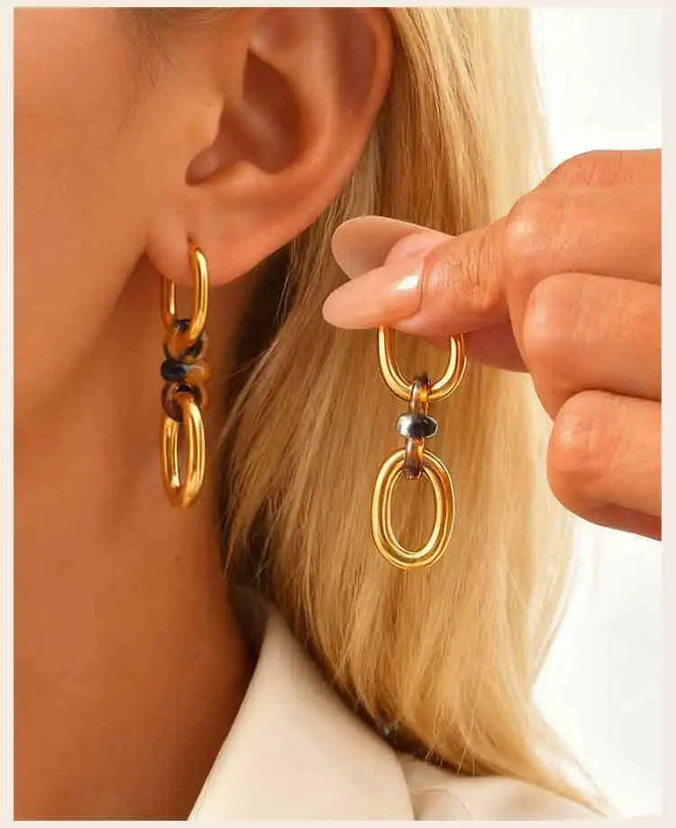 Stainless Steel Double Oval Chain Link Drop Dangle Earrings for Women Statement Jewelry Christmas Gift