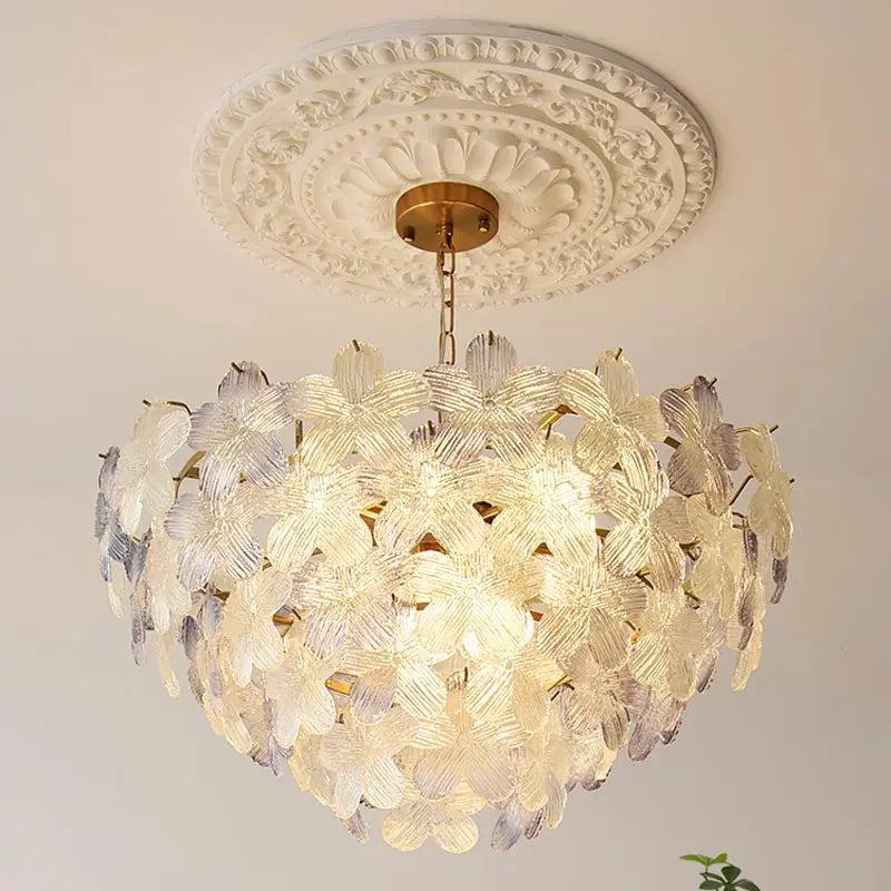 LED Glass Flower Pendant Light for Living Dining Room Bedroom Modern French Style Home Decoration Hanging Lamp E14