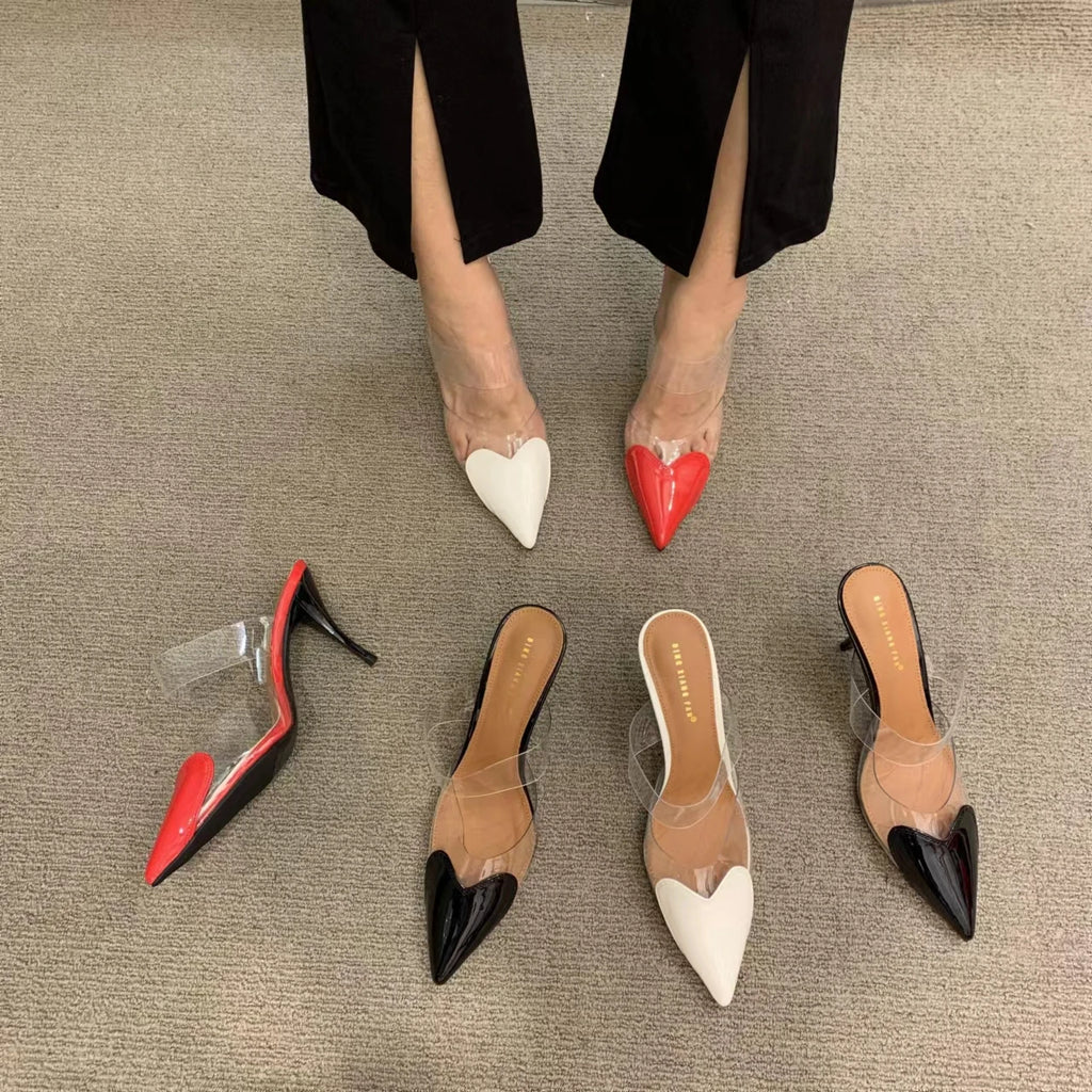 Elegant Pointed Toe Transparent PVC Heart High Heels Mules Slipper Shoes Women 2025 Black White Red Shoes Luxury Designer Pumps