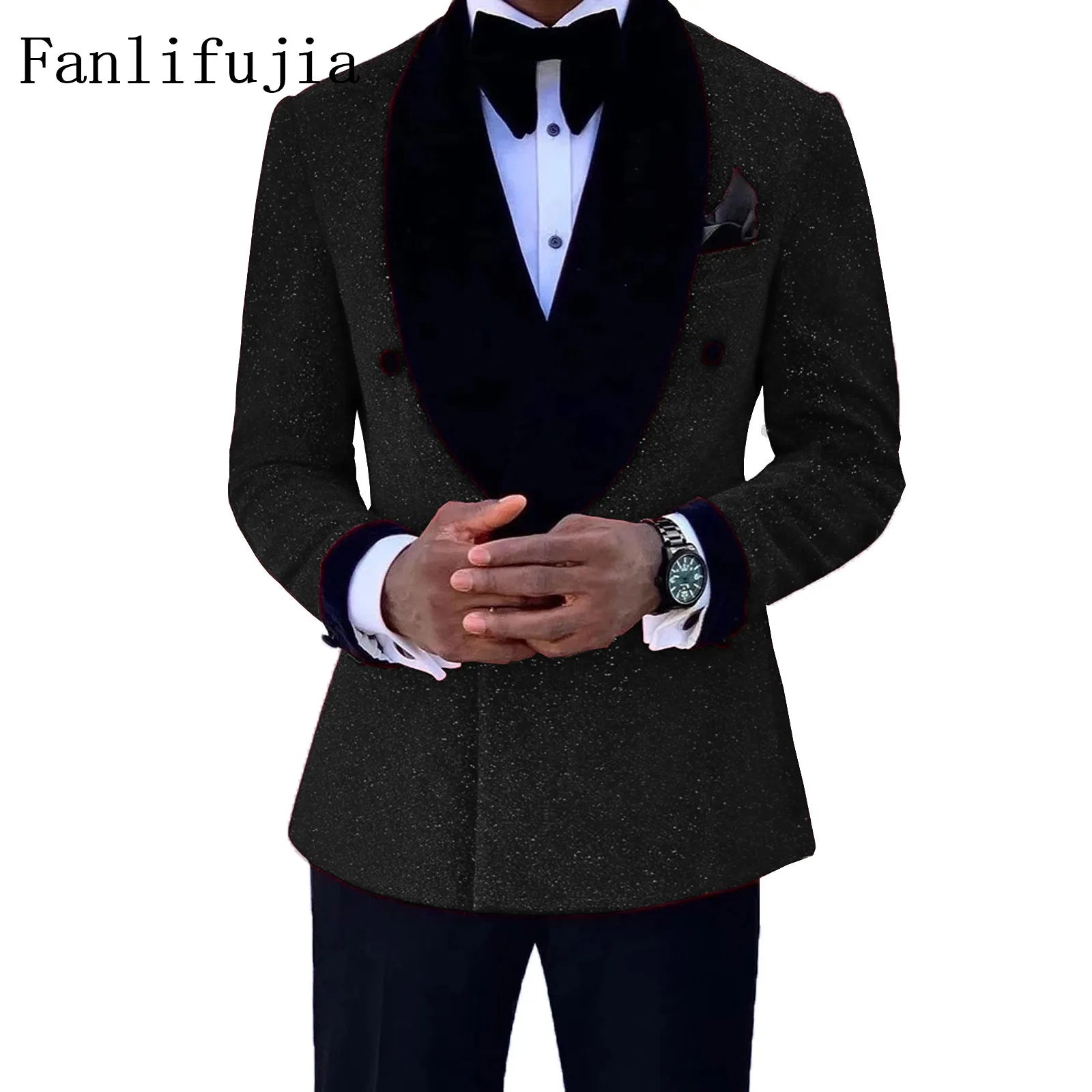 Fanlifujia Luxury Red Glitter Suits Men Groom Wedding Tuxedo Double Breasted Blazer Formal Evening Party