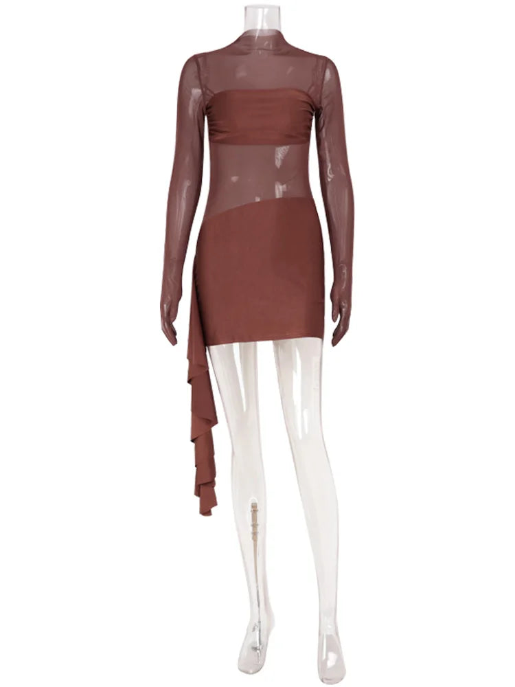 CNYISHE Mesh Patchwork Solid O Neck Women Dresses Autum Sheer Sexy Club Long Sleeve Hip Wrap Bodycon Fashion Female Streetwear