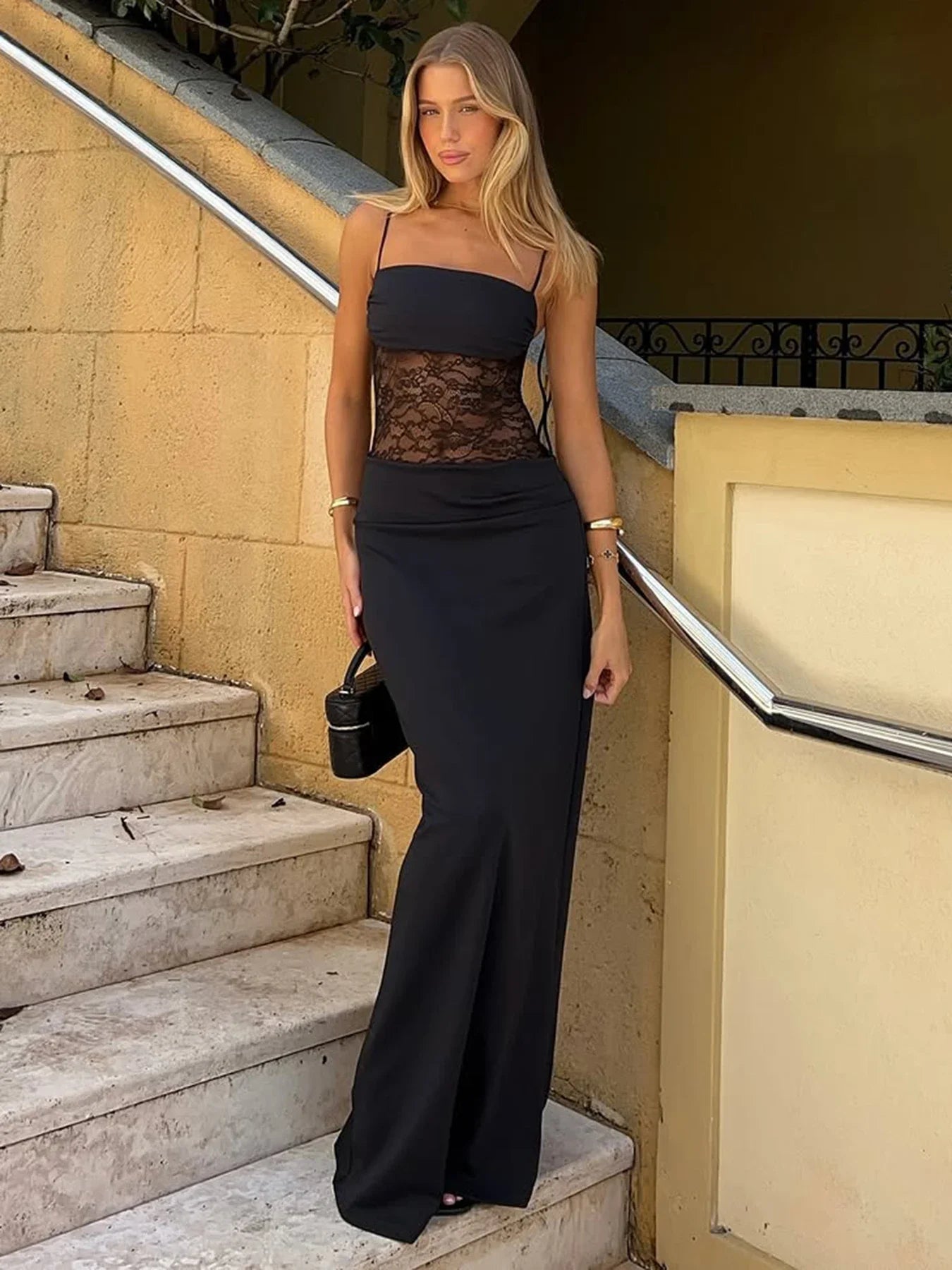 Rockmore Elegant Lace Cut Out Maxi Dresses for Women Sexy Spaghetti Strap Holidays Party Dress Summer Backless Long Dress