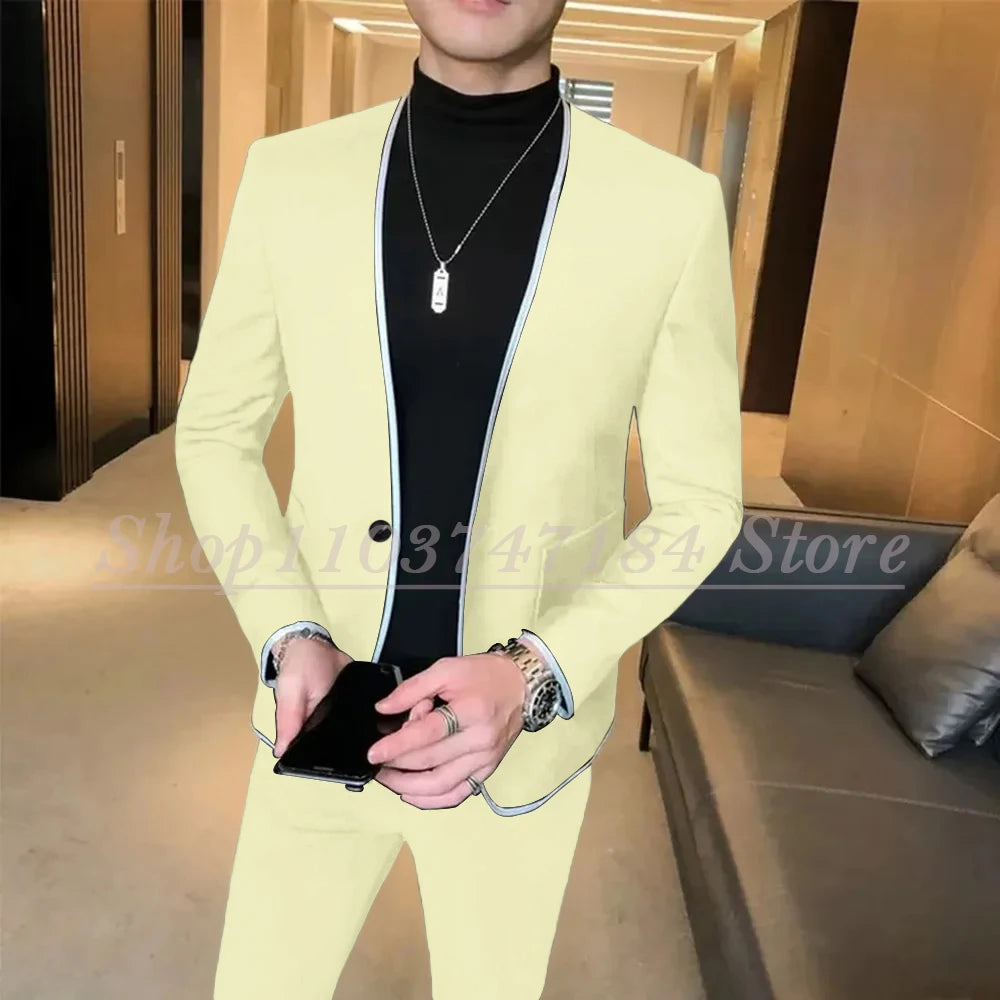 Elegant Black Gentlemen Men's Suits Slim Fit Casual Prom Party 2 Piece Jacket Pants Full Set Luxury Male Clothing Terno Blazer