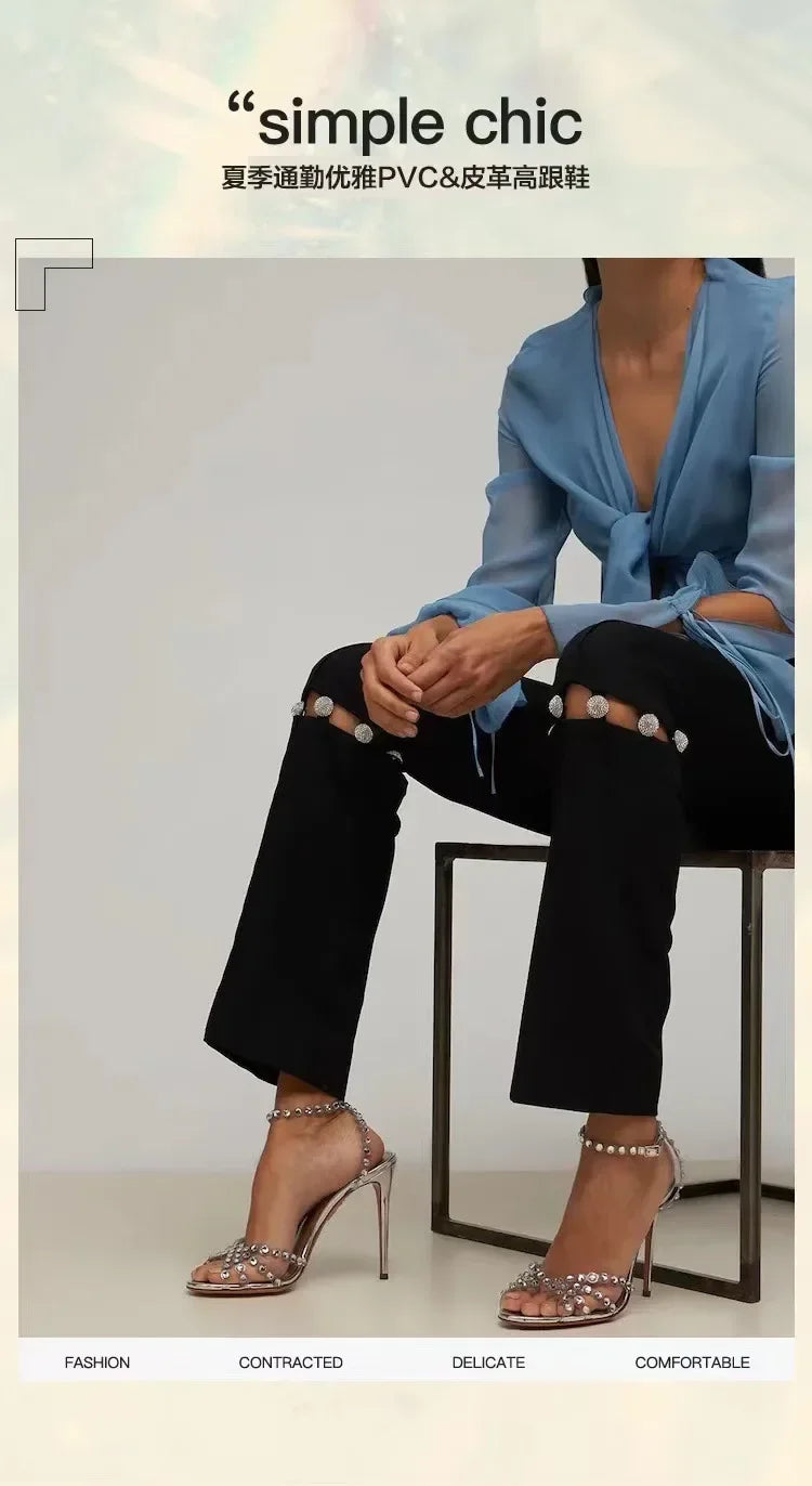 Pvc Transparent Rhinestone High Heels Ladies Sexy Ankle Strap Sandals Women Luxury Designer Wedding Party Dress Shoes Pumps