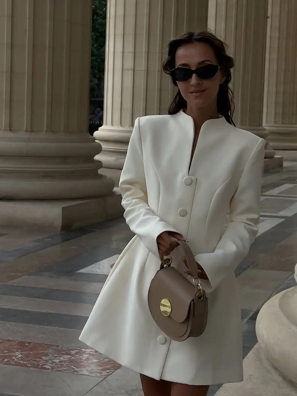 Elegant Stand Collar Mini Dress Women Casual Single Breasted Full Sleeve Cinched-waist Short Dresses Lady Evening Dinner Gowns