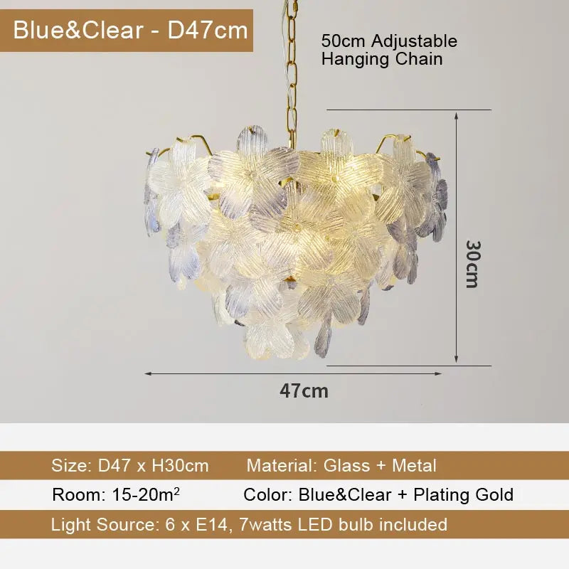 LED Glass Flower Pendant Light for Living Dining Room Bedroom Modern French Style Home Decoration Hanging Lamp E14