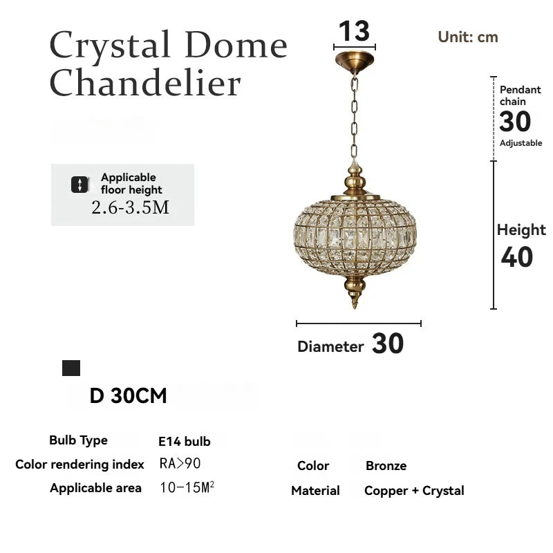 American Vintage K9 Crystal Pendant Light Copper Led Chandelier For Living Room Villa Hotel Dining Room Decoration Hanging Lamp