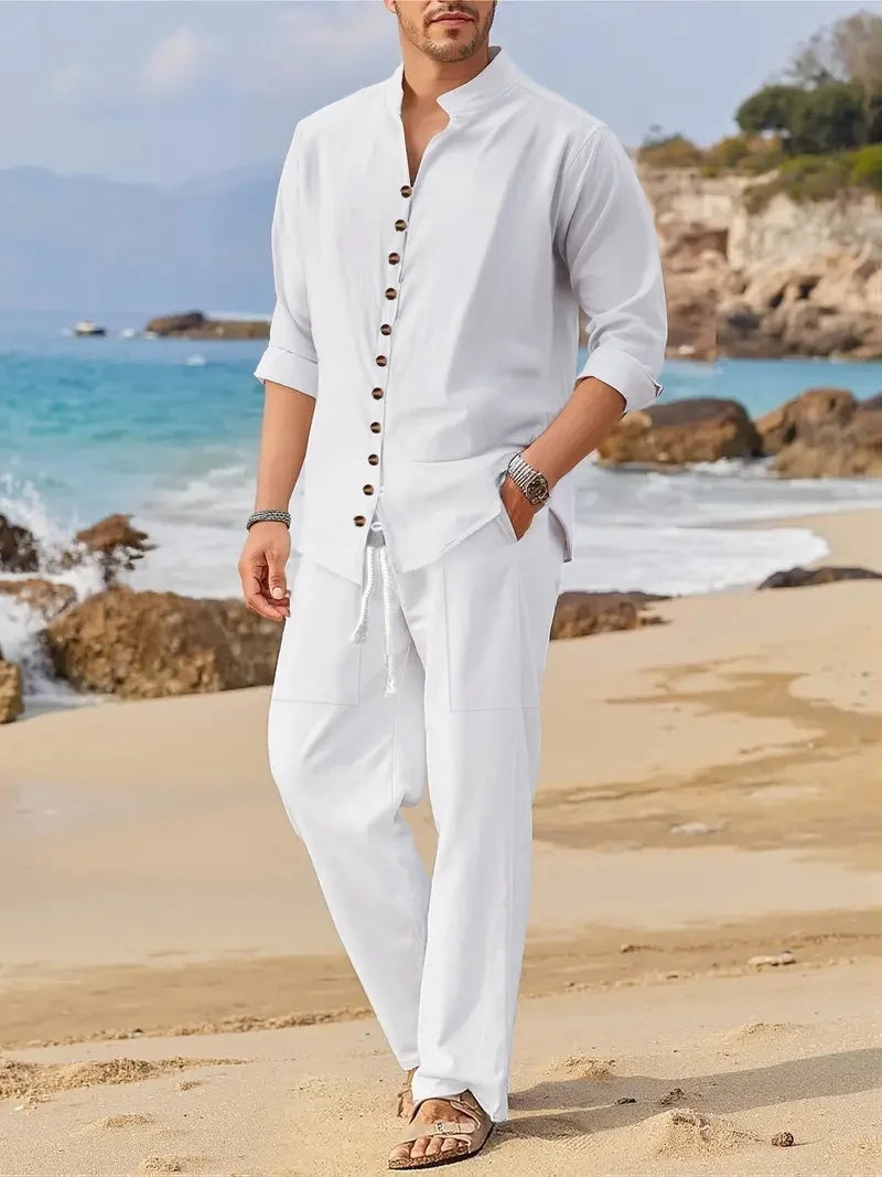 Men's Fashionable Cotton Linen Shirt Set with Cuban Pocket Long Sleeve Casual Two-Piece Suit Spring Autumn 100% Natural Fiber