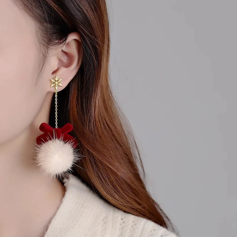 Cute Pompom Ball Bow Snowflake Elk Earrings Sweet Fashion Jewelry for Women and Girls New Year Gifts