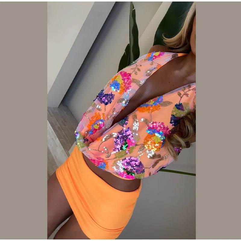 Colorful Sequin Halter Plunge-Neck Set Sleeveless Backless Vest Bodycon Mini Skirt 2025 Summer Party Chic Suit Sexy Lady Outfit