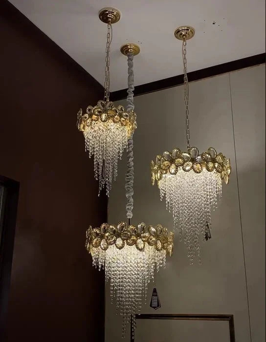 Modern Flower Crystal Tassel Chandelier Living Room Dining Room Gold Crystal Ceiling Pendant Lights Vila Lobby Lighting Fixtures