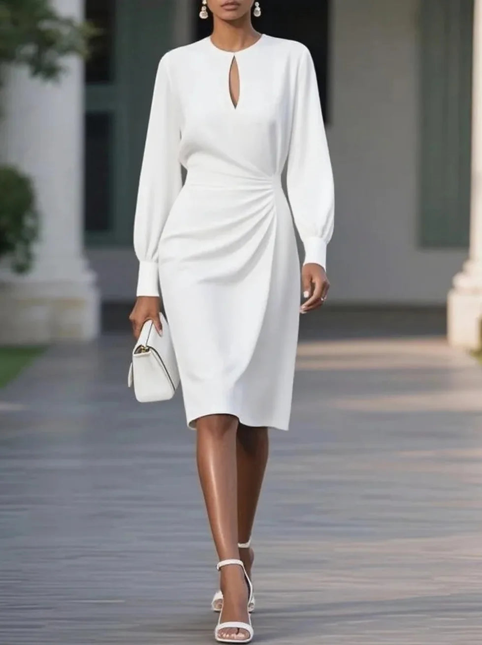 2025 Autumn Elegant Solid Pleated O-neck Hollow Long Sleeve Dress.