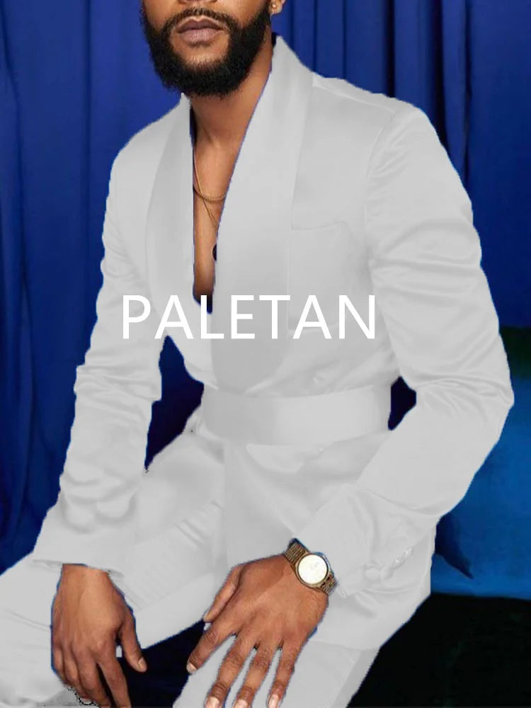 New Fashion Italian Silver Men Suits Satin Slim Fit Royal Blue Shiny Groom Prom Wedding Tuxedo Tailored Blazer Set Costume Homme