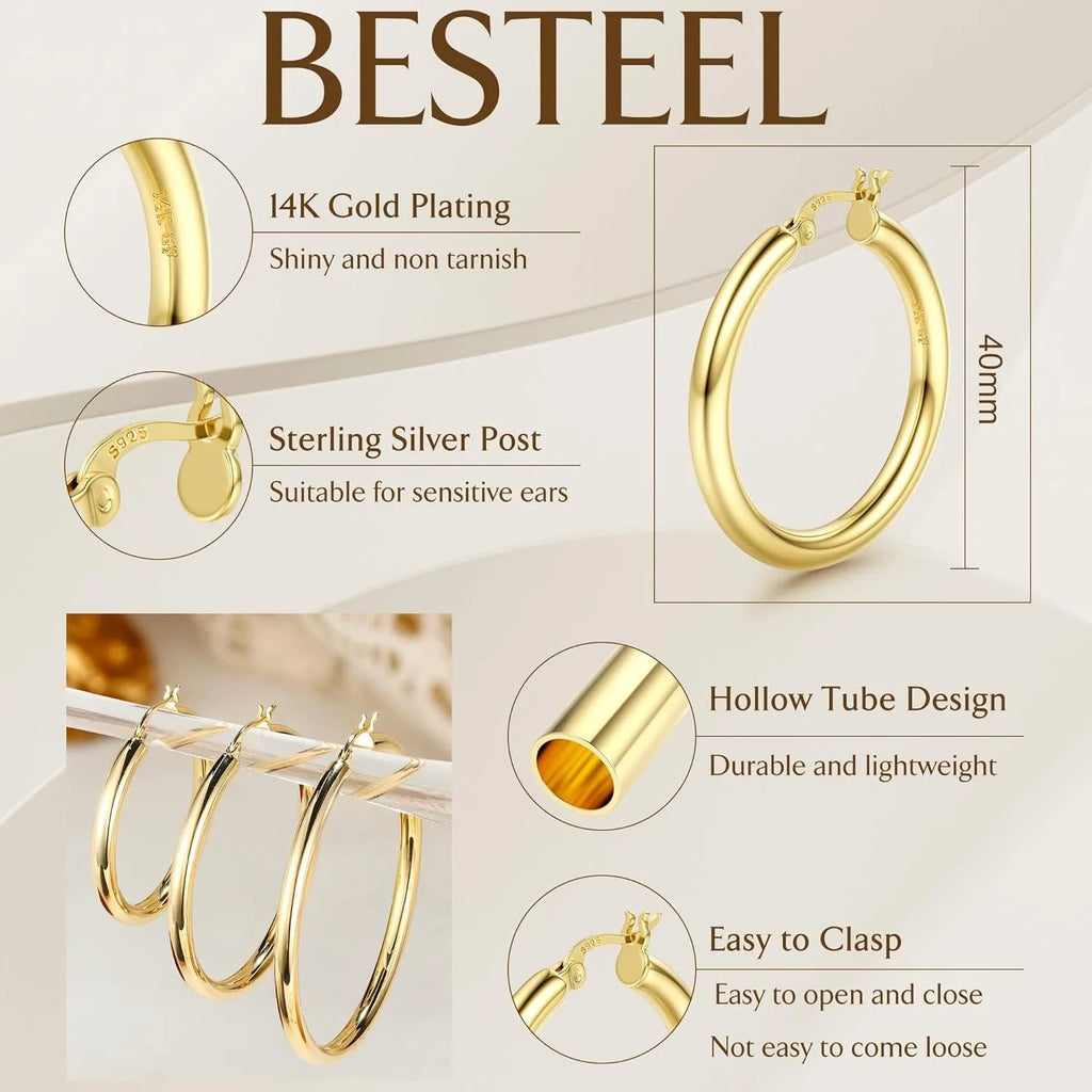 Drperfect 14K Gold Plated Chunky Hoop Earrings for Women Hypoallergenic Silver Needle Lightweight Large Hoops Earrings Jewelry