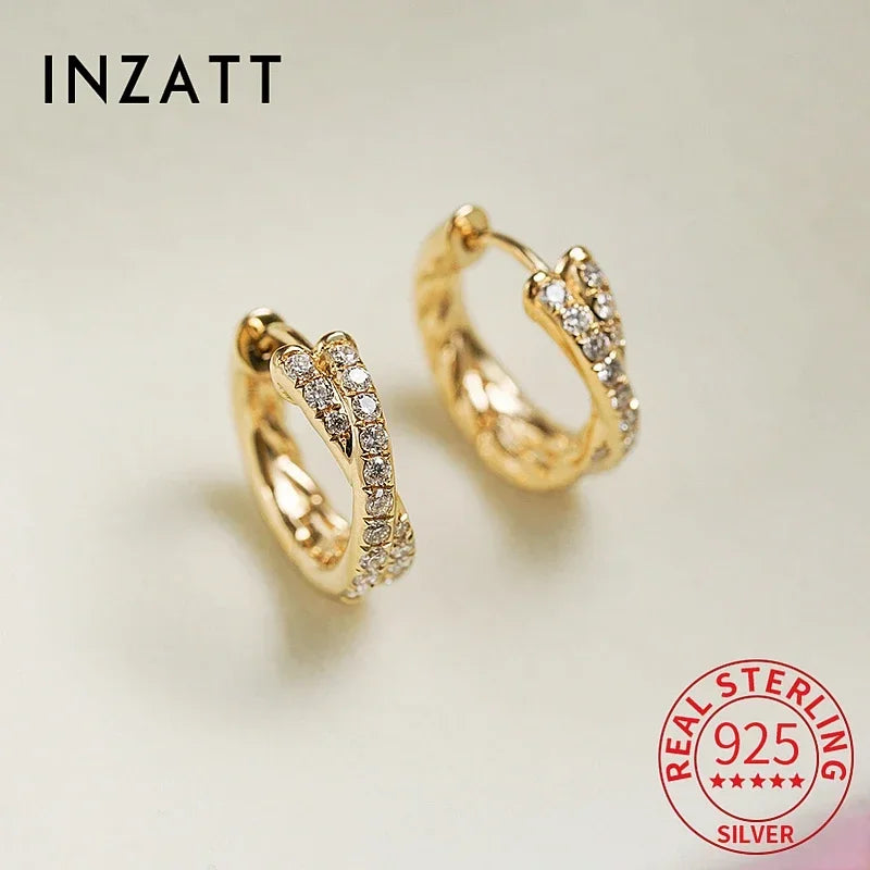 INZATT Real 925 Sterling Silver Zircon Cross 18K Gold Hoop Earrings for Women OL Geometric Fine Jewelry Minimalist Accessories