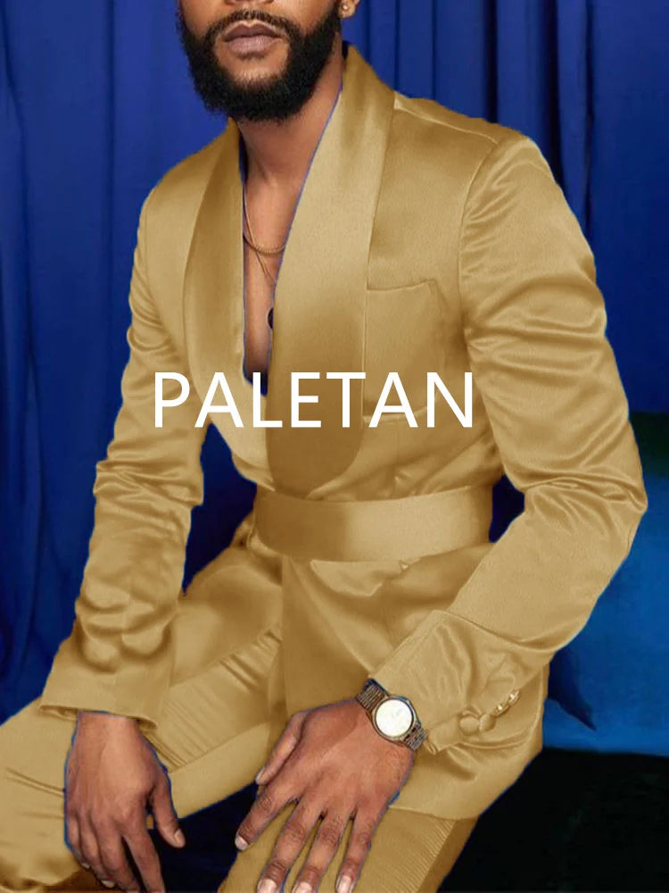 New Fashion Italian Silver Men Suits Satin Slim Fit Royal Blue Shiny Groom Prom Wedding Tuxedo Tailored Blazer Set Costume Homme