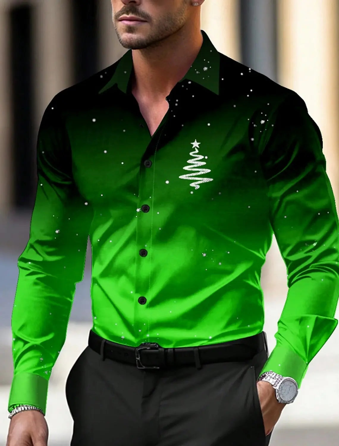 Christmas Theme Men's Christmas Trees Printed Shirts Snowflake Gradient Graphics Button Up Long Sleeve Shirts Fashion Tops Thin