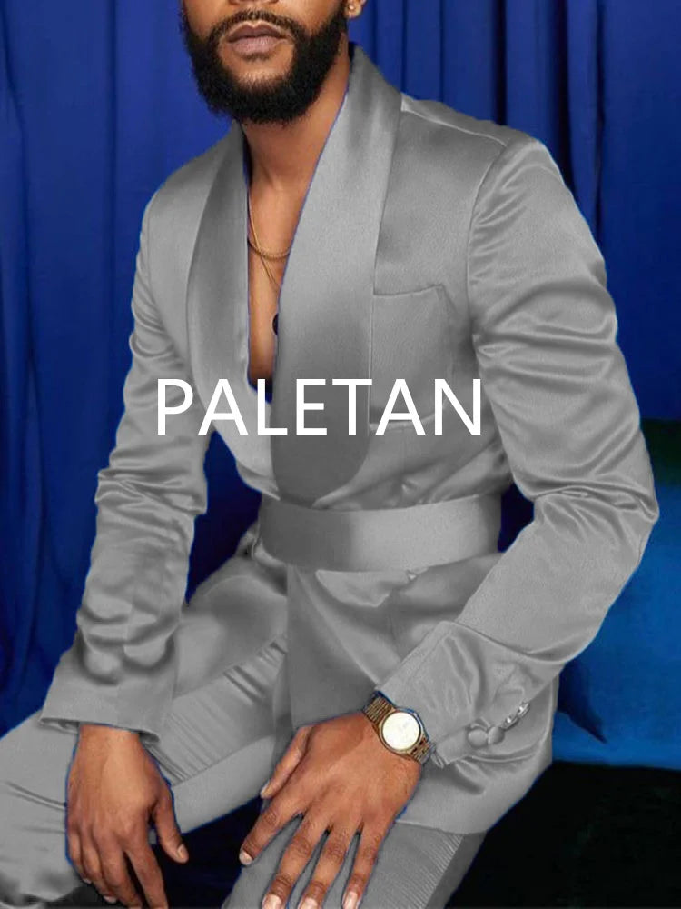 New Fashion Italian Silver Men Suits Satin Slim Fit Royal Blue Shiny Groom Prom Wedding Tuxedo Tailored Blazer Set Costume Homme