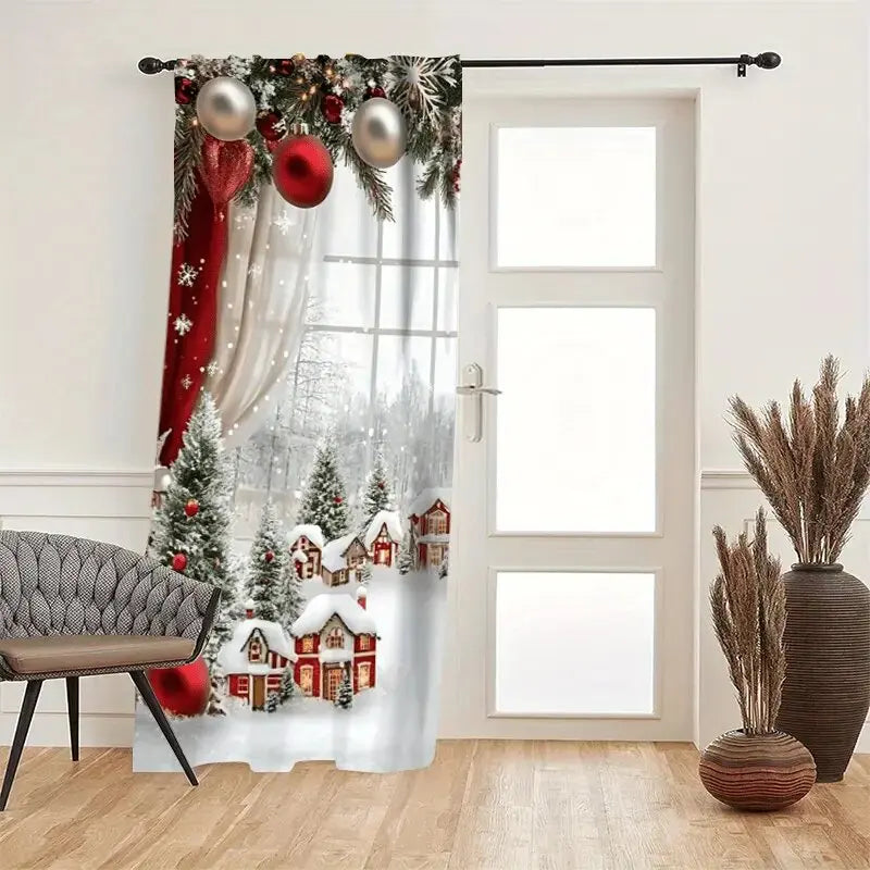 2pcs - Christmas snow scene forest scene printed curtains, pole bag curtains, home decoration, room decoration
