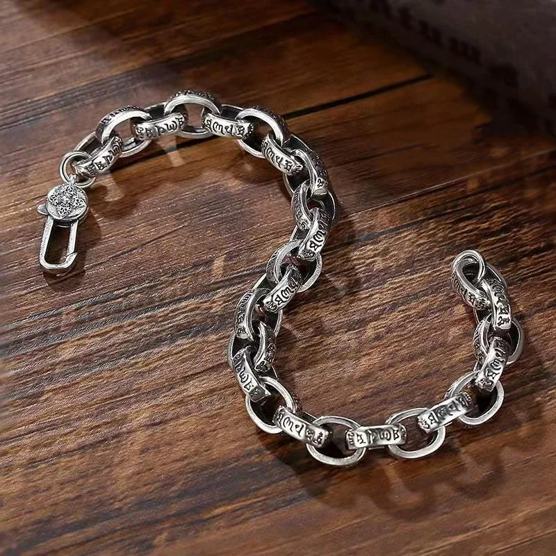 S925 Sterling Silver New Six-Character Mantra Bracelet Men Women Retro Trend Jewelry Gift