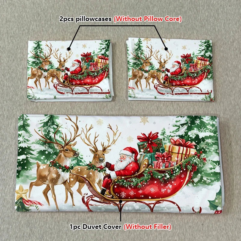 3PC Sled Elderly Duvet Cover Cute Elk Set Bedding Set (1Duvet Cover&2Pillowcases) Christmas Furniture Decor No Filler/Core