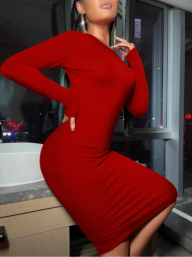 New Tight Highly Elastic Women's Dress Fashion Solid Color Sexy Long Sleeved Women Dress Wrapped Bobycon Midi Dress