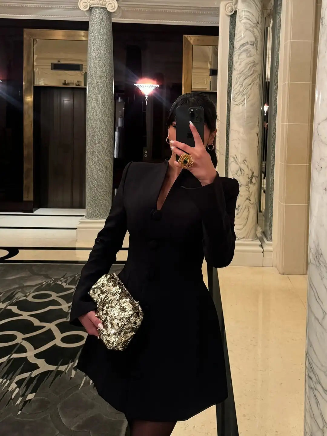 Elegant Stand Collar Mini Dress Women Casual Single Breasted Full Sleeve Cinched-waist Short Dresses Lady Evening Dinner Gowns